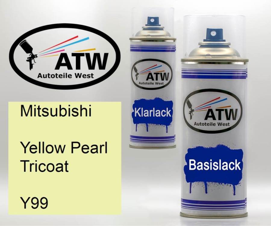 Mitsubishi, Yellow Pearl Tricoat, Y99: 400ml Sprühdose + 400ml Klarlack - Set, von ATW Autoteile West.